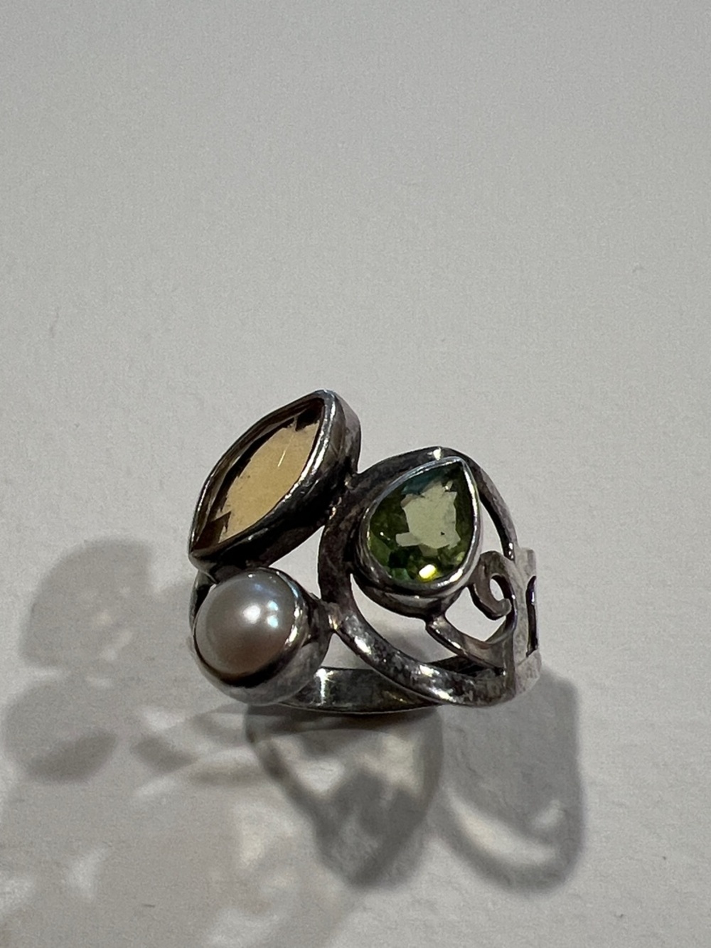 Sterling Silver Pearl and Gemstone Cocktail Ring - Green and Champagne Stones
